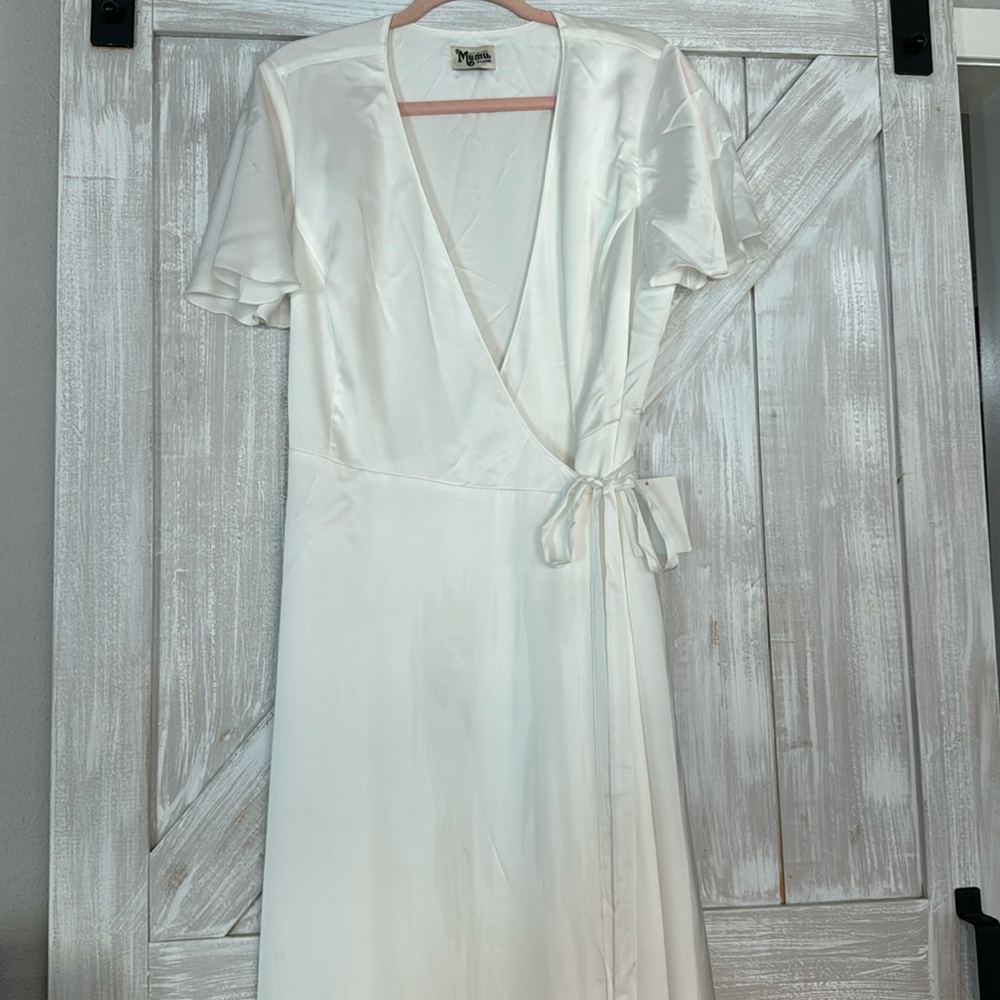 SHOW ME YOUR MUMU white wrap satin maxi dress